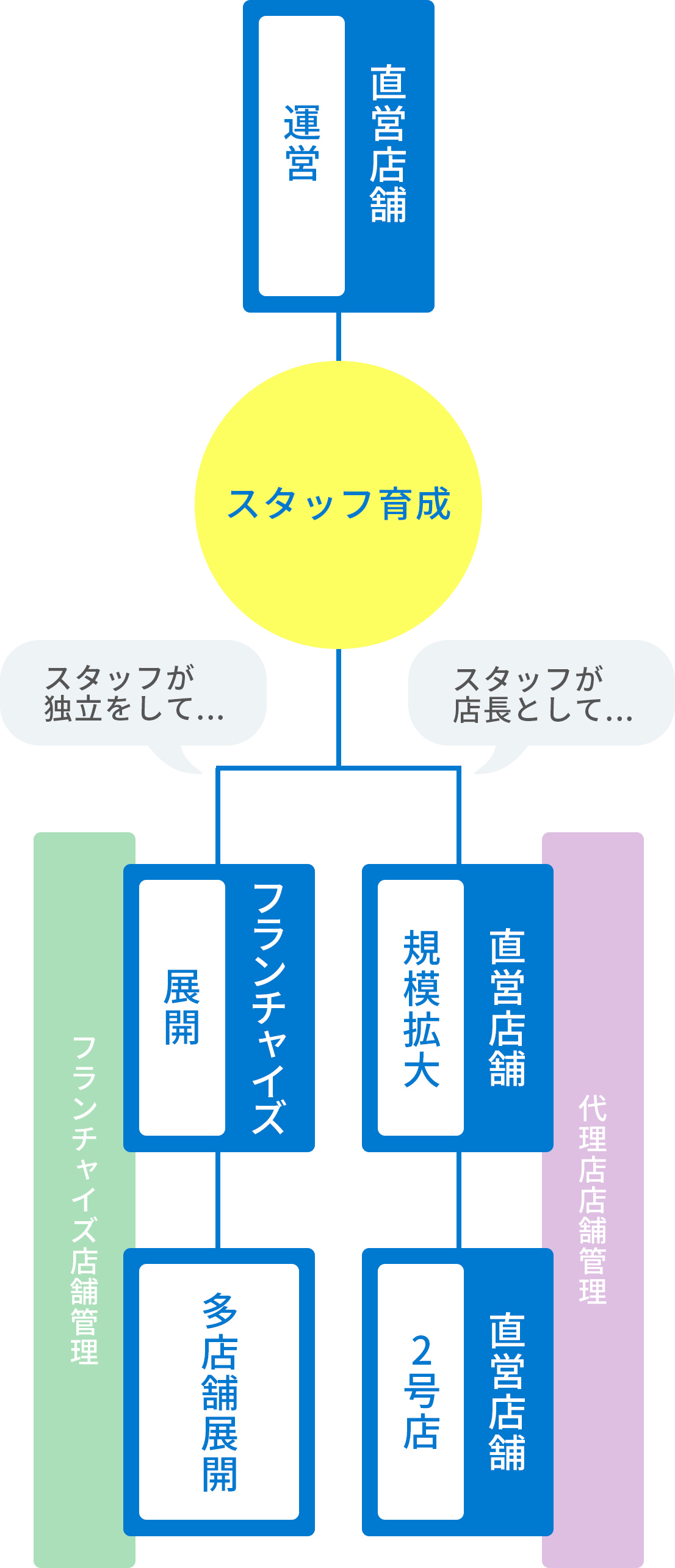 （開業後の流れのイメージ画像が表示されています）直営店舗で育成されたスタッフが、店長として直営店の規模を拡大していく『代理店店舗管理』や、独立してフランチャイズ展開していく『代理店店舗管理』など、運営状況に合わせてサポートします。