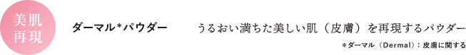 【美肌再現】ダーマル*パウダー うるおい満ちた美しい肌（皮膚）を再現するパウダー *ダーマル（Dermal）：皮膚に関する