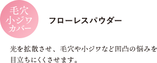 【毛穴小ジワカバー フローレスパウダー】光を拡散させ、毛穴や小ジワなど凹凸の悩みを目立ちにくくさせます。